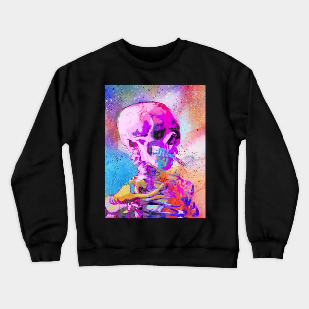 Skull Smoking Skeleton Colorful Pop Art Crewneck Sweatshirt by Pop Factory